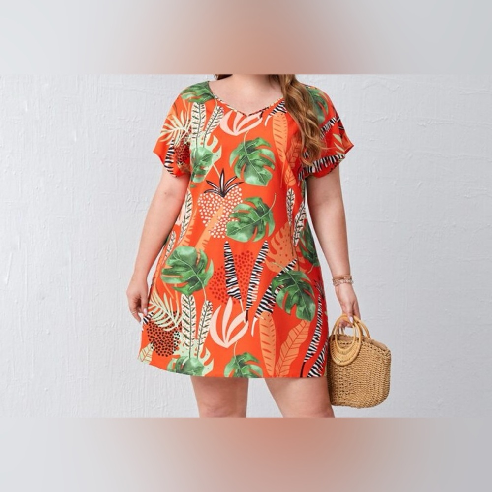 NEW 3 XL EMERY ROSE Plus Tropical Print V Neck Dress